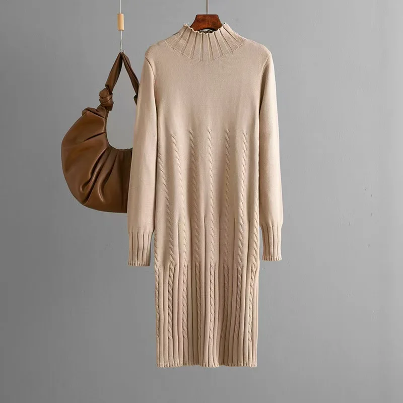 Vestido Midi de Malha em Cor Pura para Outono Inverno, Camada Base de Manga Longa com Cintura Alta para Mulheres