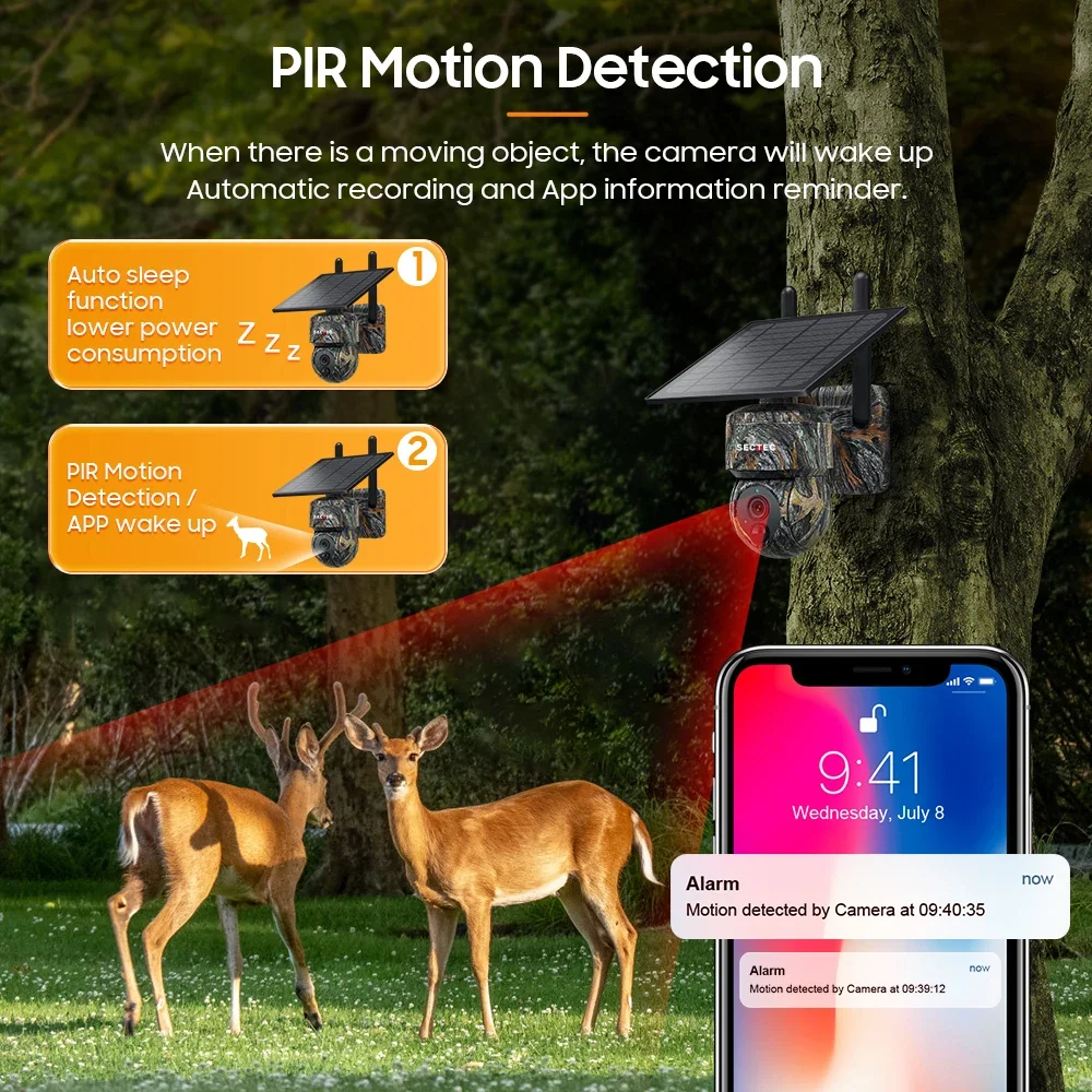 SECTEC Mini Camouflage 2K 4G Solar Camera Hunting Trail Camera GSM Solar PTZ Camera Outdoor IP66 Animal Detection CCTV System