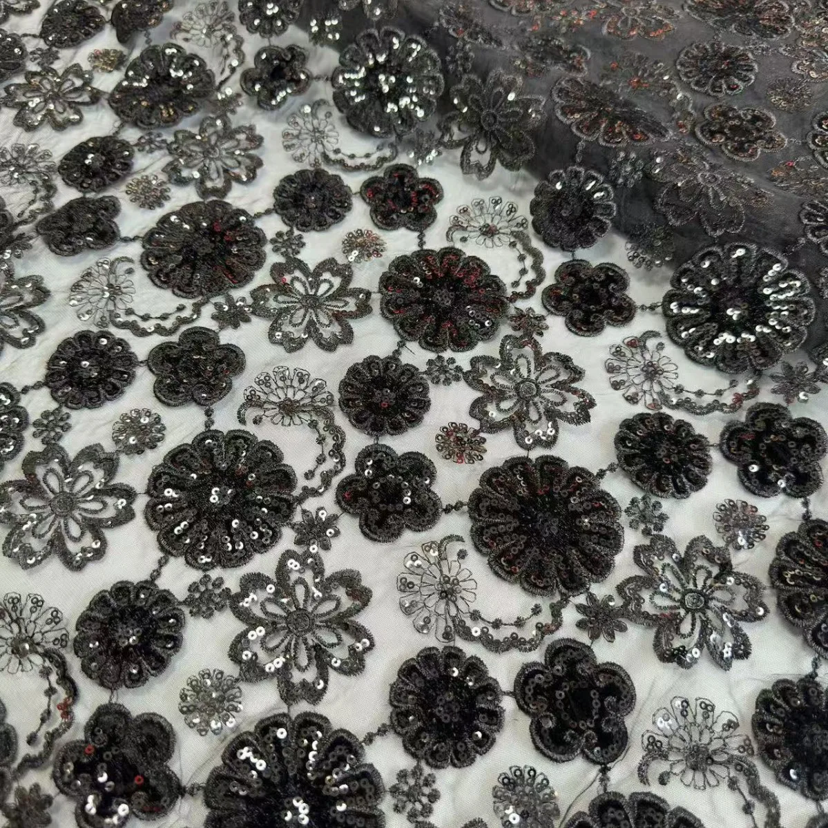 5 Yards Mesh Laser Flannel Sequined Flower Embroidered Cloth Dress Skirt Wedding Fabric