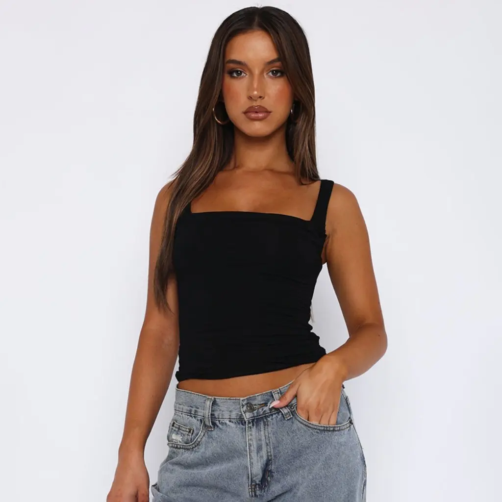 

Women's Slim-fit Pleated Top Solid Color Low Square Collar Backless Outer Wear for Hot Girls European And American Style
