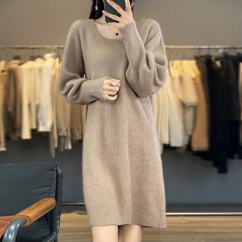 RONGYI 2023 100% Mink Cashmere Women\'s Pullover Knitting O-Neck Autumn And Winter New lOose Long-Sleeved Long Dress Top