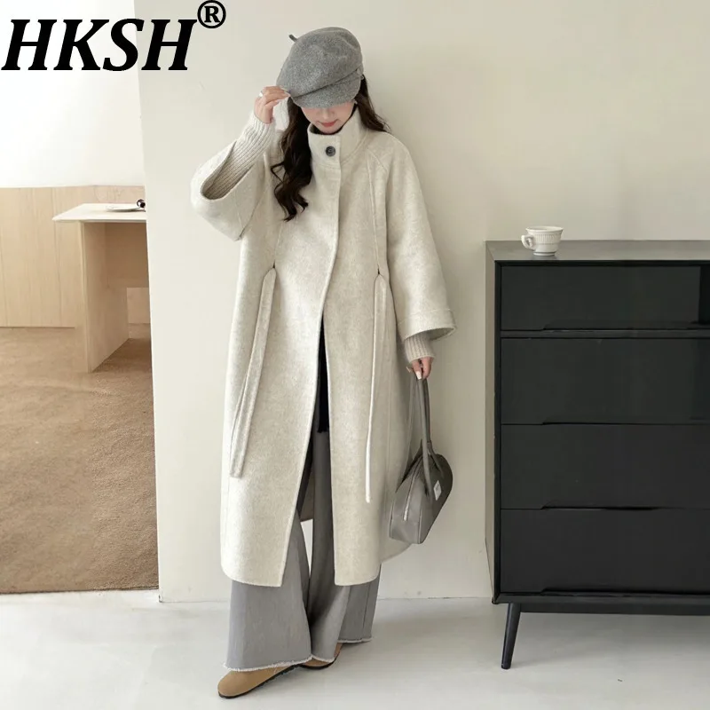 

HKSH Autumn Winter New Women's Overcoat Patchwork Knitted Sleeves Stand Collar Lace-up Waist Double-Sided Woolen Jackets HK15039