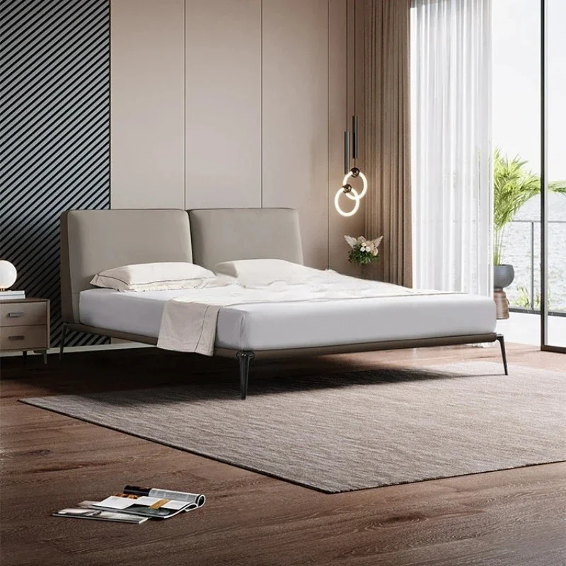 

Leather bed First layer cowhide stainless steel master bedroom bed Double Italian minimalist leather bed