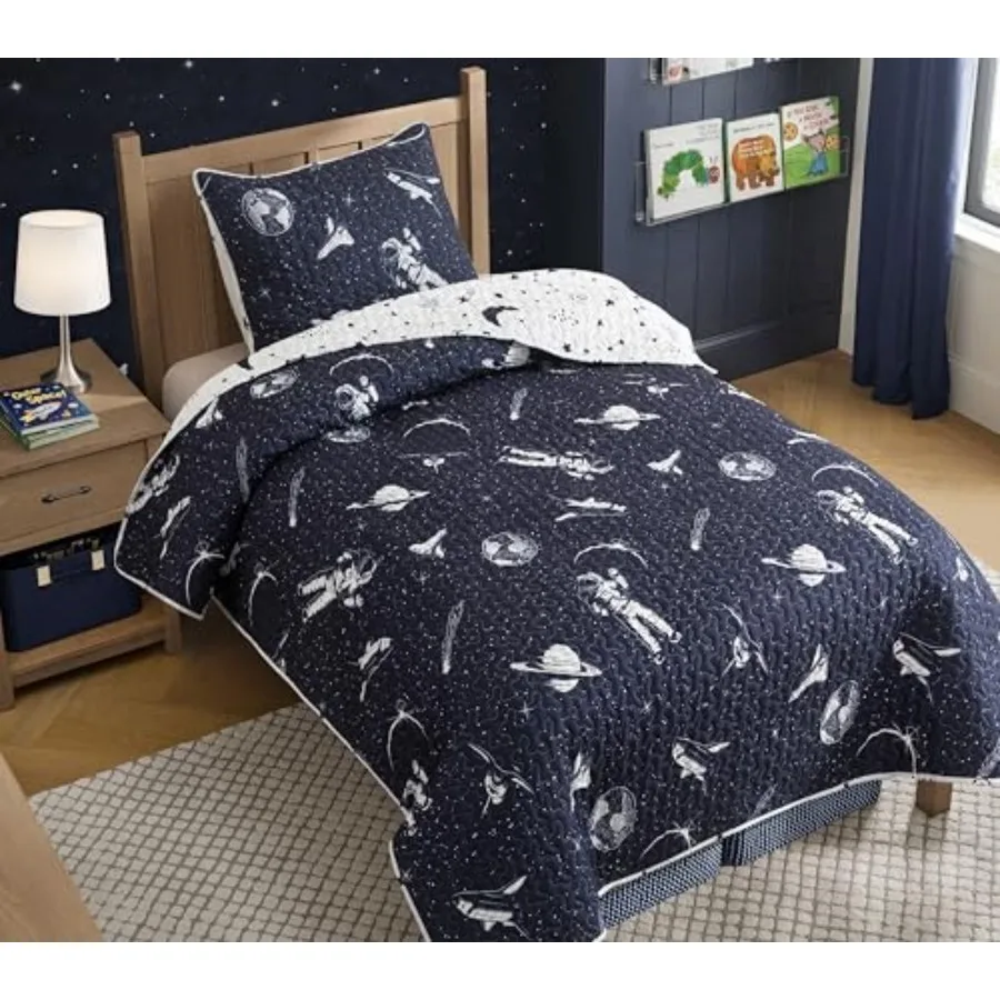 Outer Space Quilt Set and 2 Shams Space Bedding with Astronauts and Planets Quilted Galaxy Comforter Set Blue Planet Bedspread