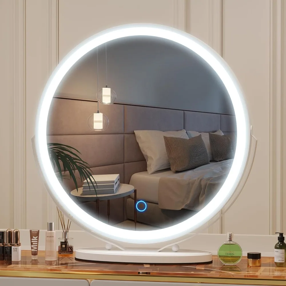 20-inch Vanity Mirror with Lights, Round LED Makeup Mirror, High-Definition Lighted Up Mirror, 3 Color Dimmable, 360° Rotation