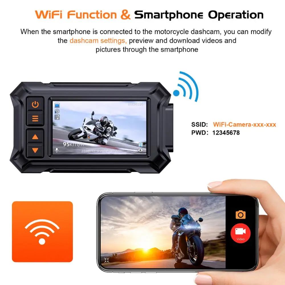 A12 Dual 1080P Full HD Motorcycle Dashcam 3 Inch Waterproof IP67 Camera WiFi Motorcycle DVR Dash Cam Black GPS Box