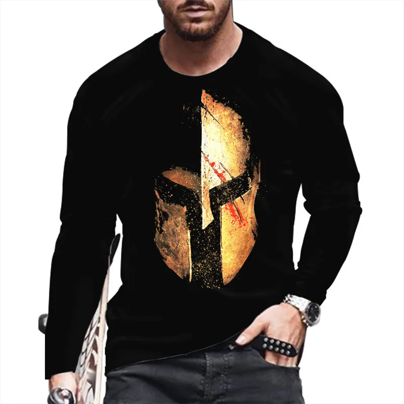 Retro Spartan Helmet 3d Print Summer Men\'s Round Neck T-shirt Casual Long Sleeve T-Shirt Oversized Pullover Fashion Men Clothing