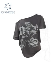 Women Graffiti Print T-shirt Harajuku Korean Y2k Tees Top Vintage 90s Aesthetic Oversize Short Sleeve Emo T-shirt 2000s Clothes