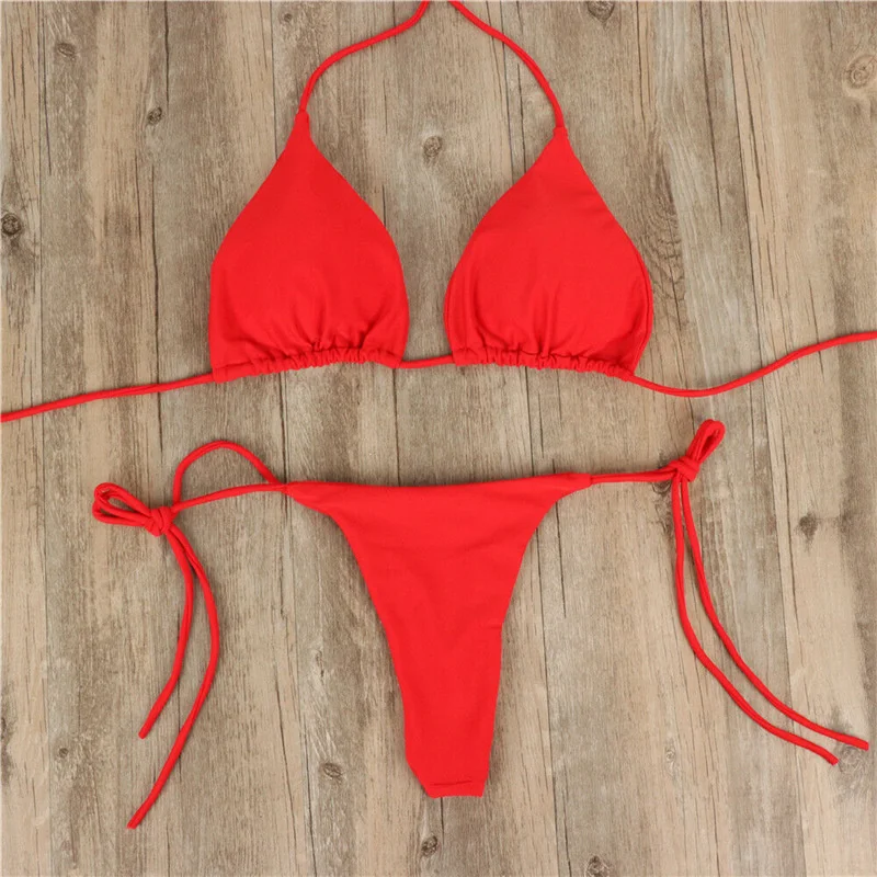 Microbikini con cuello Halter para mujer, traje de baño unicolor, conjunto de Bikini con Tanga, ropa de playa brasileña Sexy, 2024