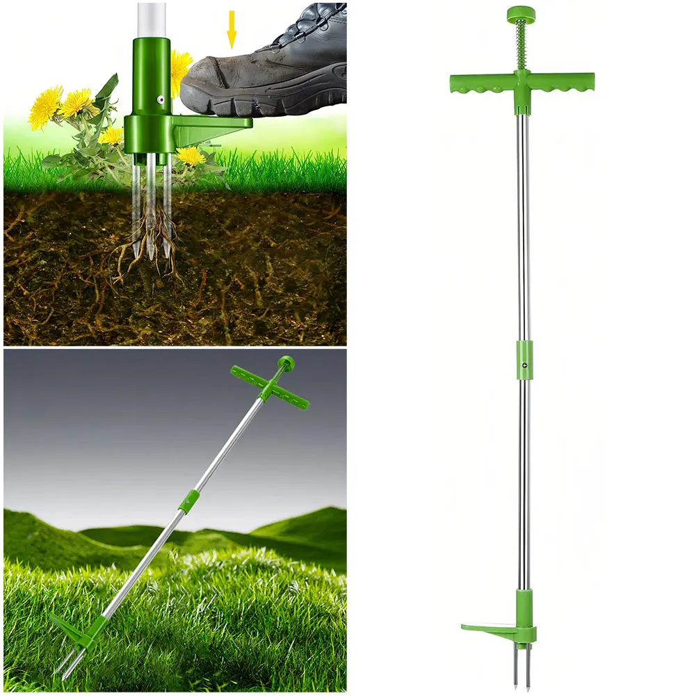 Portable Weed Puller Stand Up Weeder Root Removal Tool with 3 Claws & Foot Pedal Long Handle Weeding Tool for Garden Yard Grass