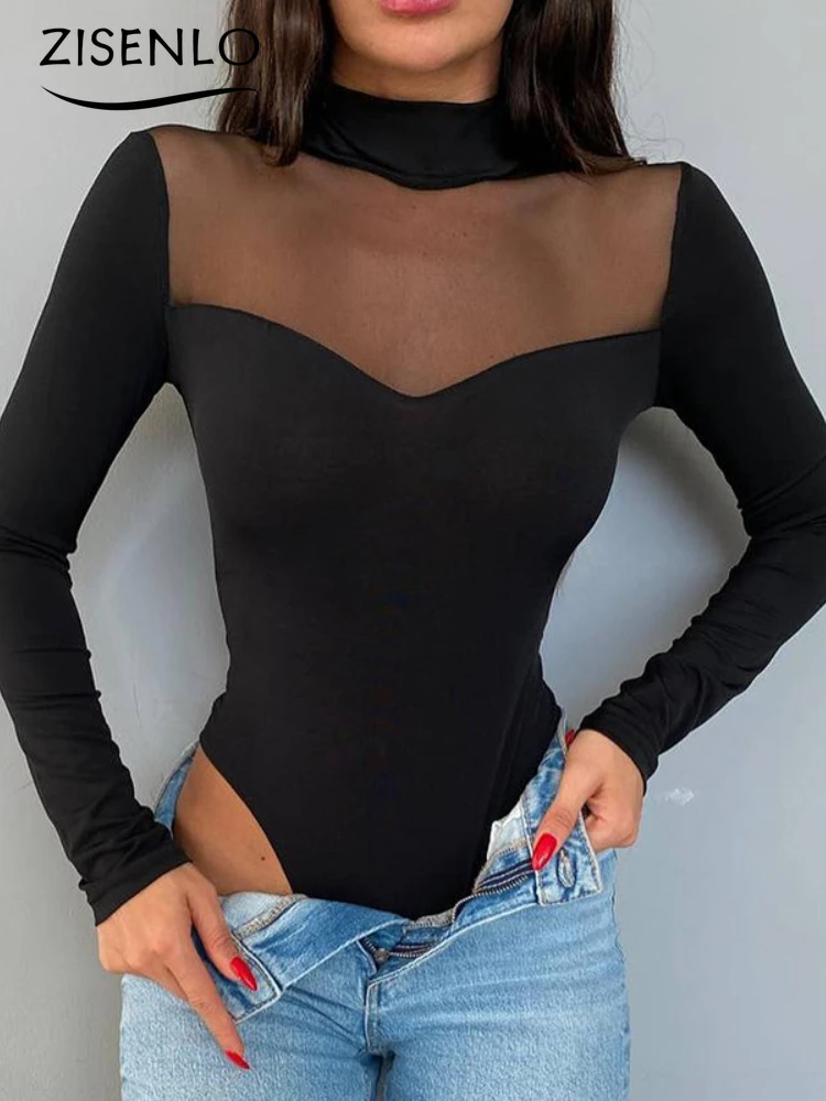 

Casual Bodysuit Women Spring Summer New Net Color Mesh Splicing Tights Long-sleeved Bottoming Slim Top Sexу Jumpsuit Streetwear