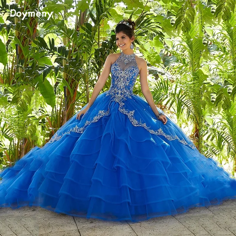 Doymeny Halter Quinceanera 드레스, 비즈 아플리케, 프릴 레이어드 얇은 명주 그물, 15 Anos vestidos de 15 Quinceanera