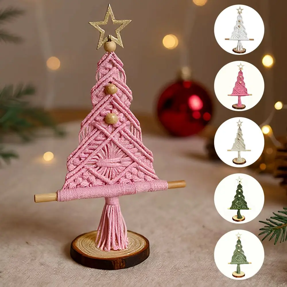 

Handmade Boho Christmas Tree Tabletop Decor – Cotton & Wood Holiday Decoration – Nordic Style Christmas Ornament for Desk, Home