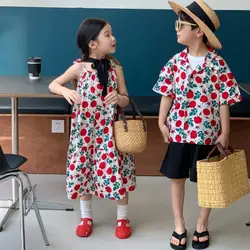 Siblings Outfit Children Summer Girls Retro Floral Suspender Dress Boys Short Sleeved Floral Shirt Set Siblings Outfit