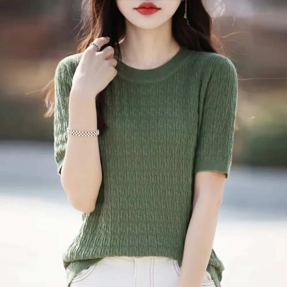 Women Solid Color Cable Knit Round Neck T Shirt Cotton Knit Short Sleeve Comfortable Chic Ladies Basic Top