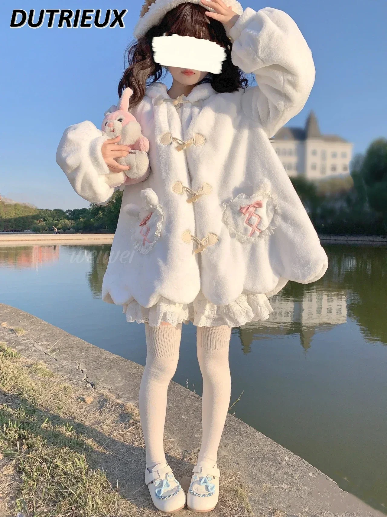 

Lolita Style Rabbit Ear Women's Casual Jacket Sweet Buckle Cute Loose Autumn and Winter Warm Coats Female Fashion Girls Top