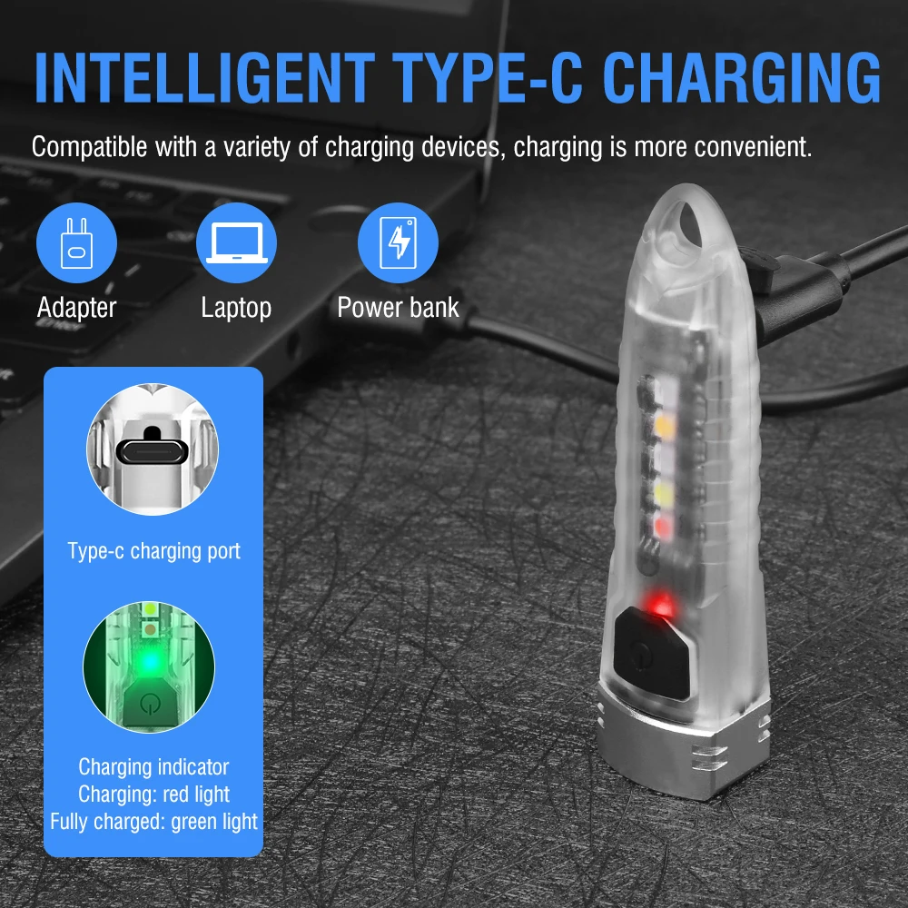 BORUiT V1 Mini latarka z brelokiem mały reflektor EDC typu C latarka akumulatorowa lampa UV awaryjna lampa Tiki z magnesem