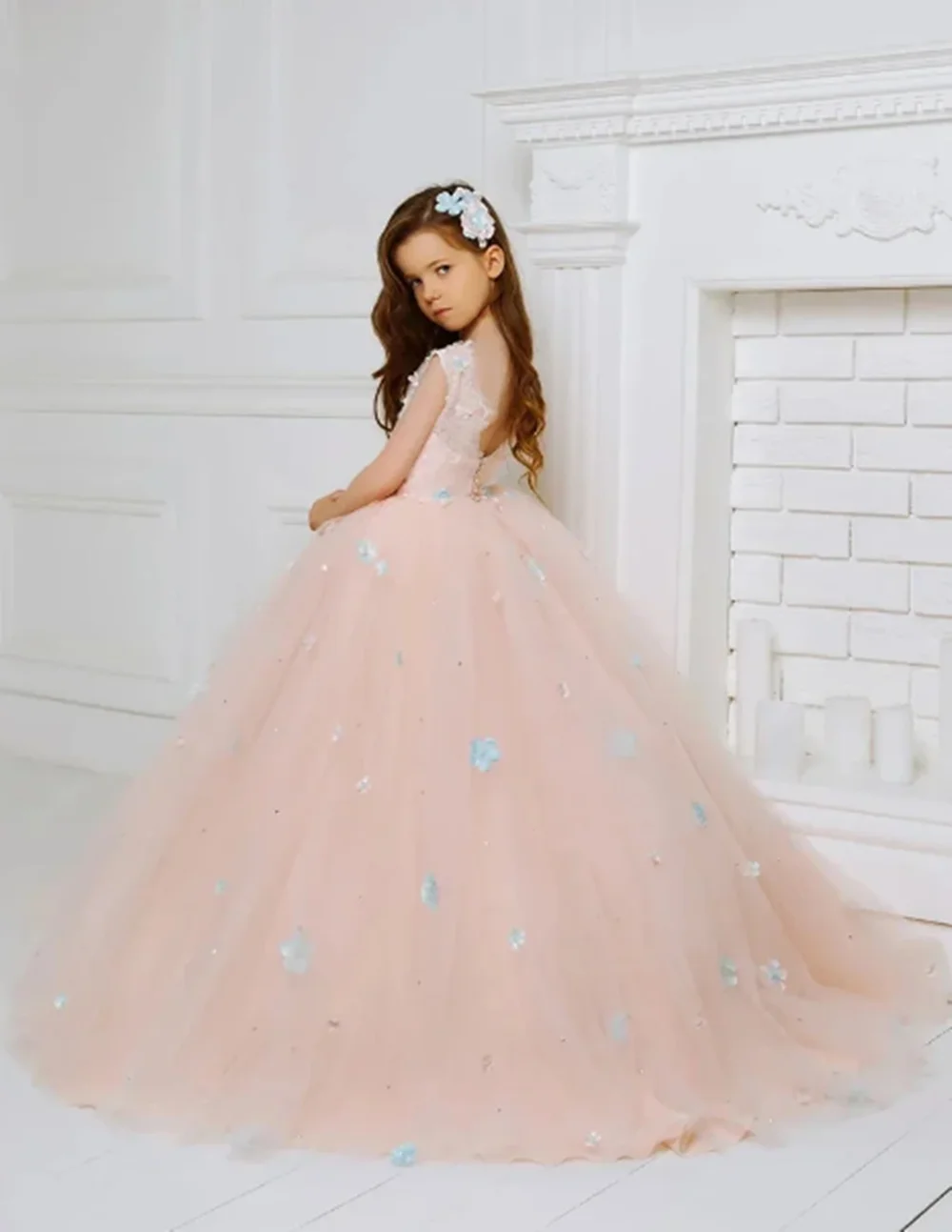 

Customized Blush Pink Flower Girl Dresses For Wedding Floral Appliques Princess Birthday Party First Communion Pageant Gift Gown