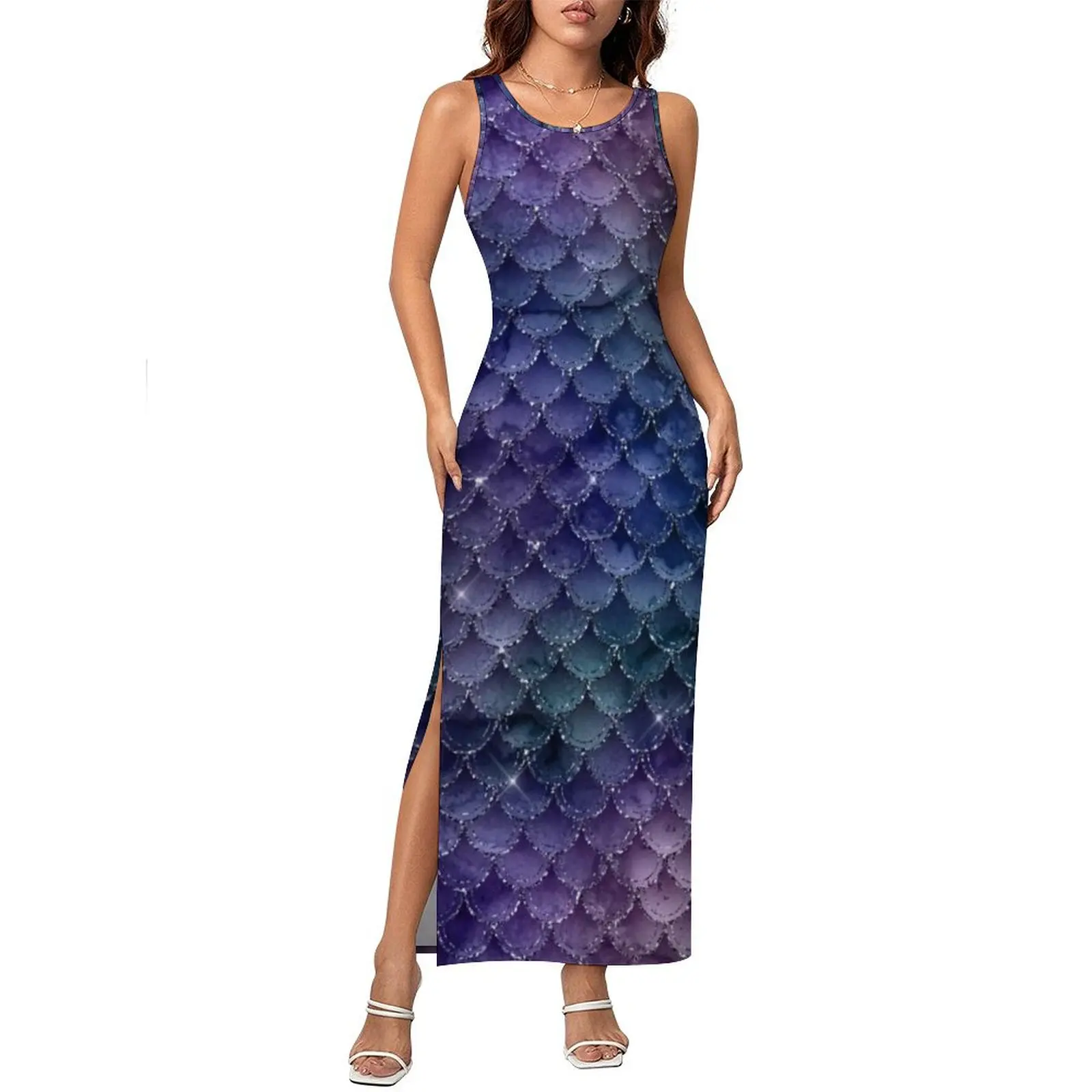Damska obcisła sukienka modna brokatowa łuska syreny sukienki Maxi letnia fioletowa indygo drukuj bez rękawów Streetwear graficzna sukienka