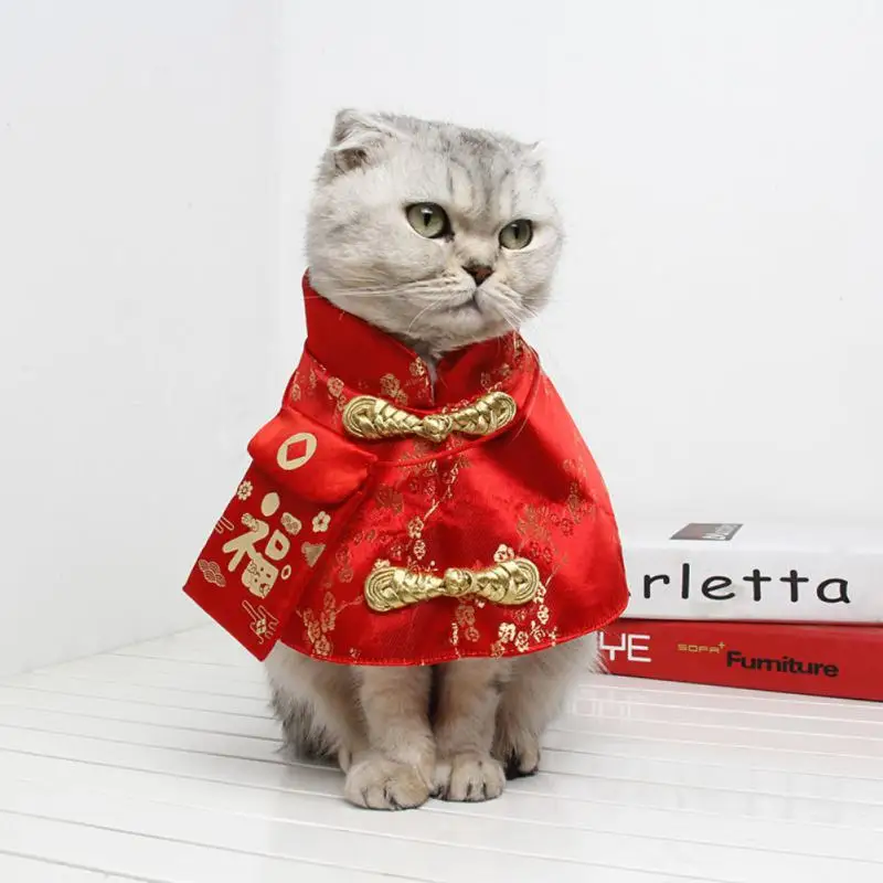 Pet Cat Dog Costume Chinese Style Cat Suit Spring Festival Cape Neck Red Envelope Christmas New Year Collar Bow Tie Costume