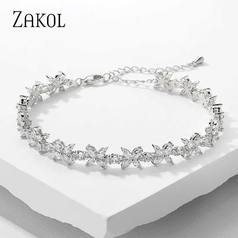 ZAKOL New Gold Color Cubic Zirconia Leaf Charm Bracelet & Bangles for Women Trendy CZ Crystal Bride Wedding Jewelry BP2255