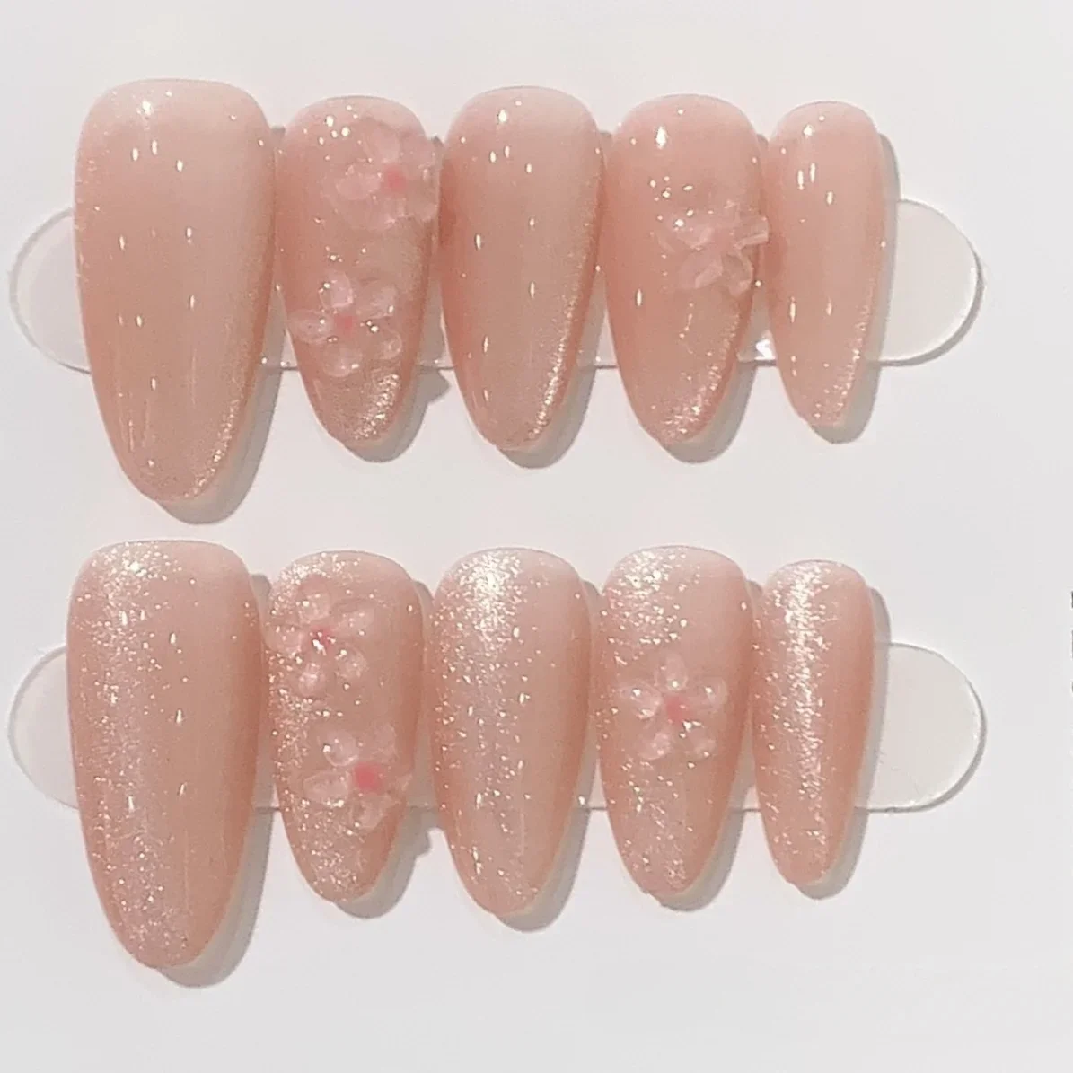 10Pcs Handmade Press on Nails Full Cover Cat Eye Decorations Summer French Almond Nude Pink False Nails Manicure Nail Tips Art