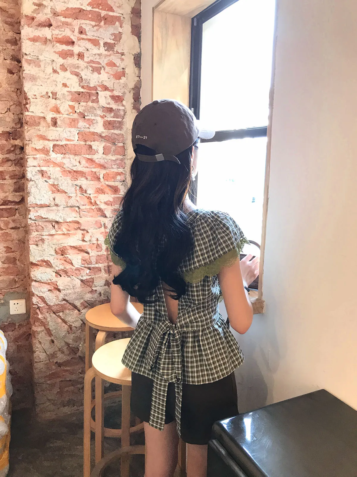 

Aisui Plaid irt Women Summer Thin Waist Cinching Lace Splicing Square Collar ort Sve Top Casual Sle Breathable Skin-...