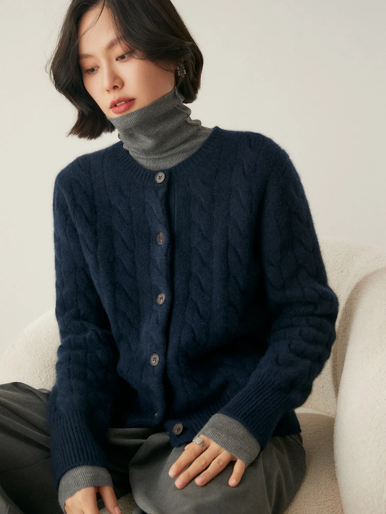 Heavyweight Women 100% Cashmere Sweater O-neck Cable Knit Cardigan Preppy Style Autumn Winter Cashmere Knitwear Thick Soft Tops