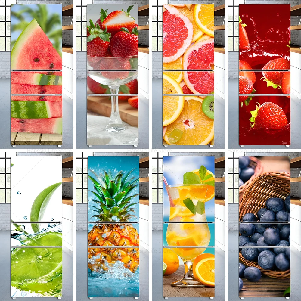 

Fresh Fruit Printed Fridge Door Mural Sticker Kitchen Decoration Wallpaper Waterproof PVC Refrigerator Renovation Cabinet Poster