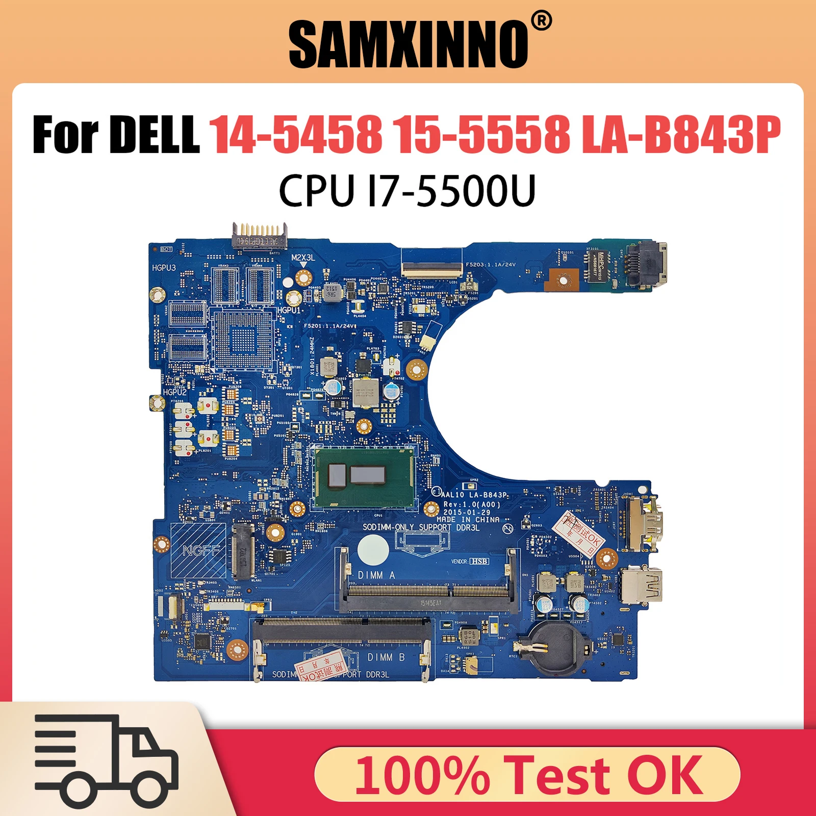 

FOR Dell Inspiron 14 5458 15 5558 Laptops Motherboard AAL10 LA-B843P With I7-5500U CPU CN-0XCFXD