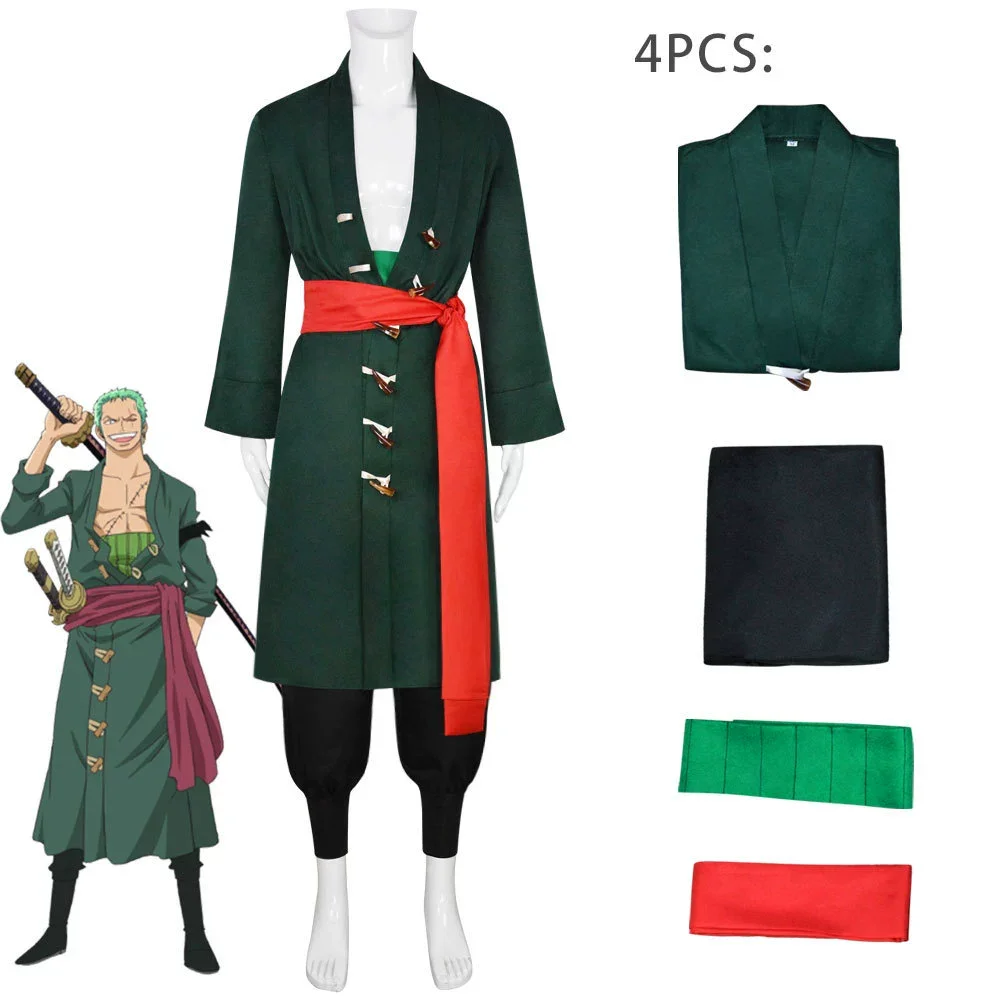 

Anime Zoro Cosplay Roronoa Costume Pirate Black Kimono Green Wig Halloween Costumes Role Play Clothing Party Uniform Suit Men