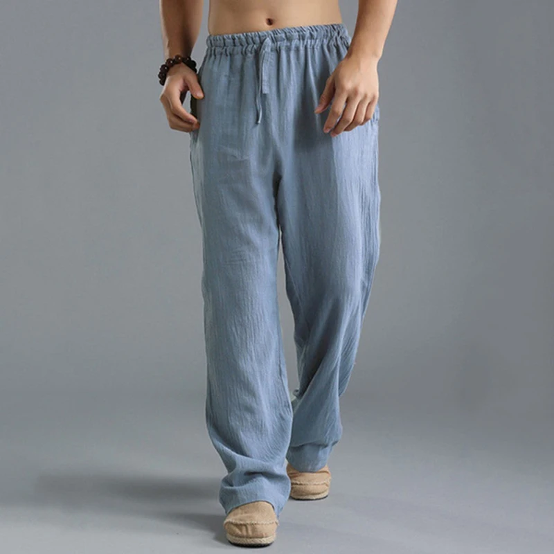 Calça reta de linho de algodão masculina, casual, tamanho grande, branca, monocromática, preta, fitness, nova, 2023