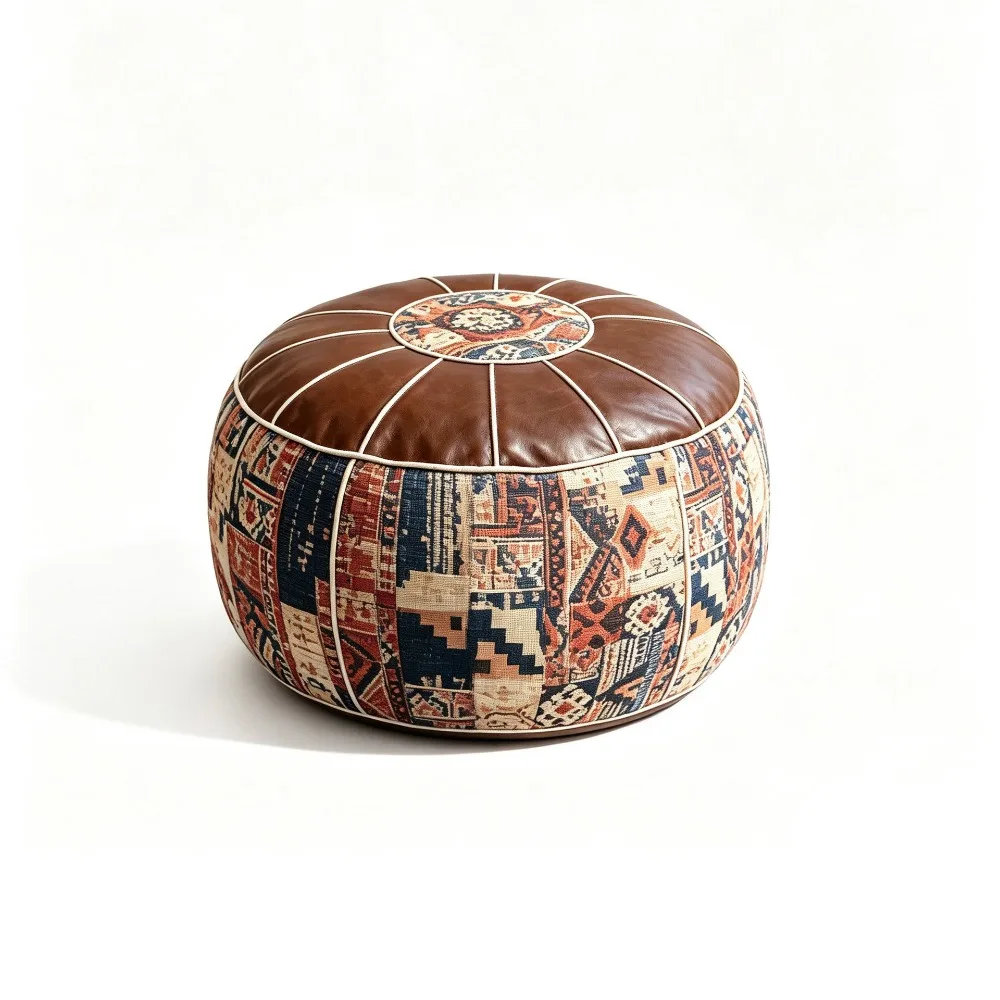 Boho Pattern Ottoman Pouf Fillable Design Large Opening Footstool Cover Water Resistant PU Leather Storage Ottoman