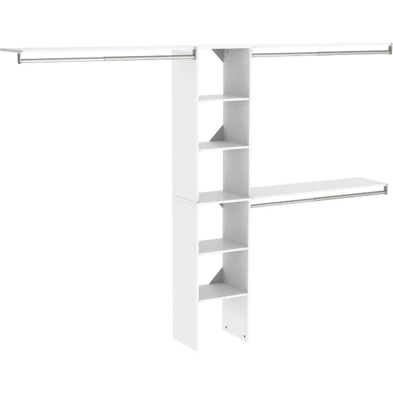 Wood Closet Organizer Kit with Tower, 3 Hang Rods, Top Shelves, Adjustable, Fits Spaces 5 - 9 ft. Wide, Pure White