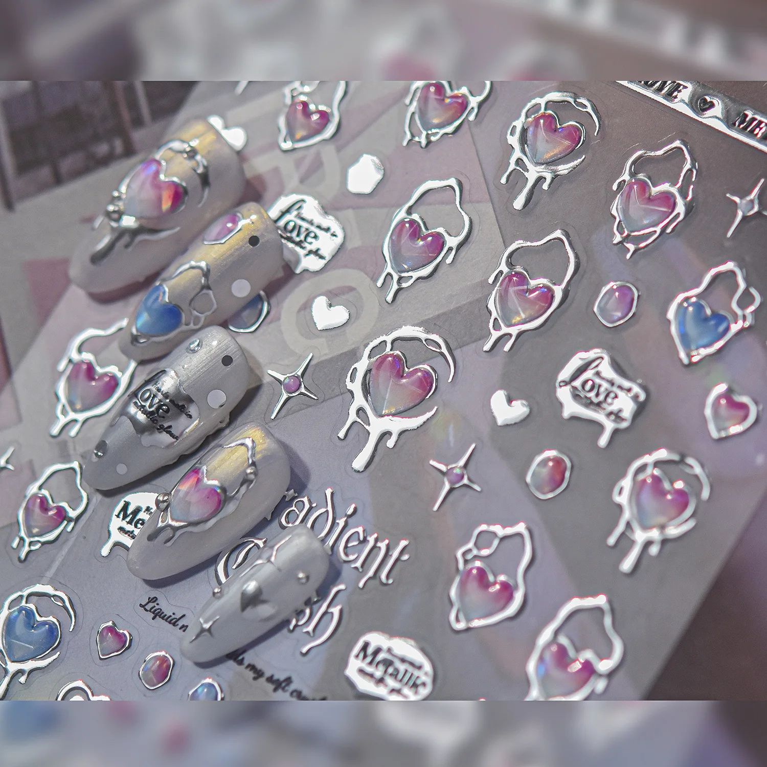 Cool Gradient Iridescent Heart-shaped Nail Sticker 5D Metal Moon Star Pattern Self-adhesive Nails Decoration Accessories Decals