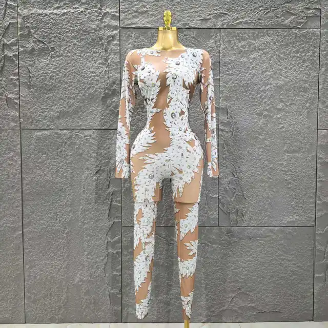 Wholesale Women Sexy Long Sleeve Shinning Rhinestones Bodycon Jumpsuit Celebrate Nightclub Party Performance Costume Stage Wear