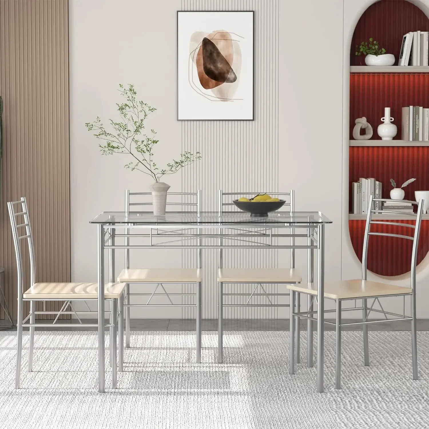5 Piece Dining Table Set for 4 with Chairs, Glass Tabletop, Small Space, Silver