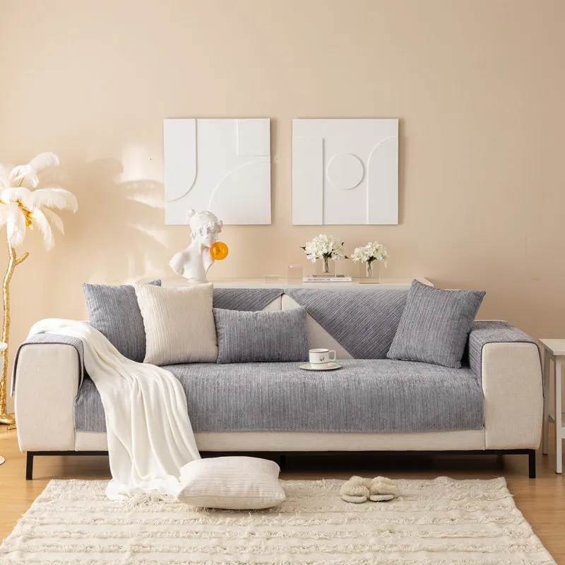 Chenille Sofa Cushion Solid Non-Slip Wear Resistant Machine Washable Cozy Couch Pad for Living Room Protector Seatcover