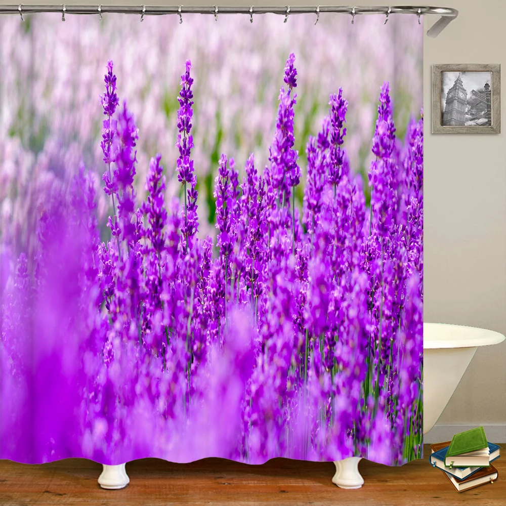

High Quality Lavender Flower Cloth Shower Curtain 3D Print Purple Lavender Petals Print Waterproof Fabric Bathroom Bath Curtains