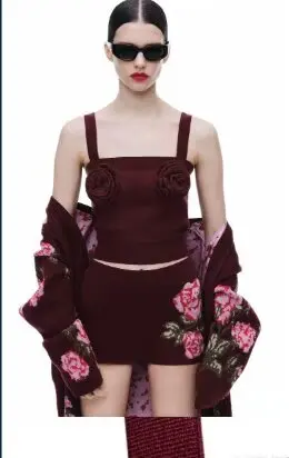 

BB6516 ZA25 Summer New Women's Loose Casual Simple Blended Jacquard Knitted Cardigan Rose Strap