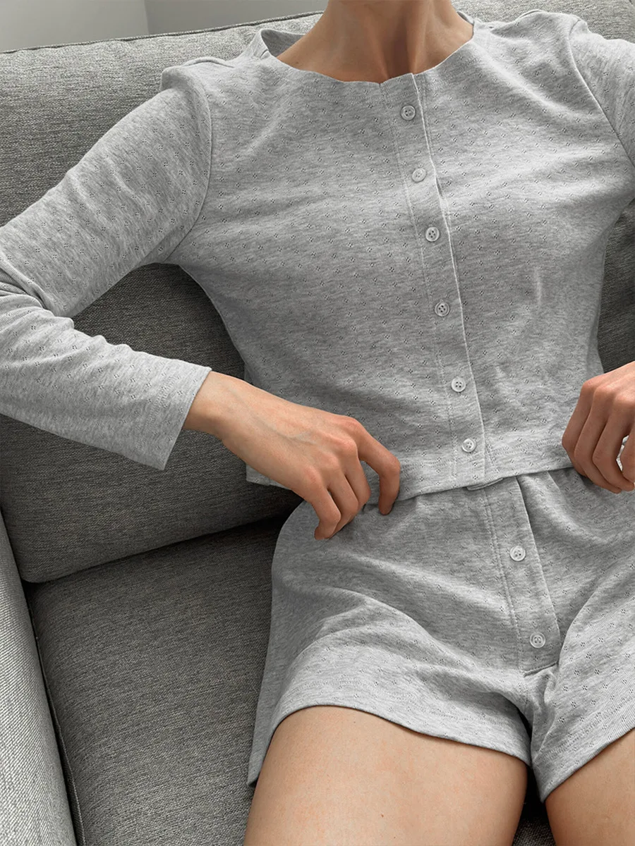 

Wolfeel Cardigan Long Sleeved Shorts Pajama Set Women's Spring New Knitted Underwear Pajamas Soft Shorts Home Clothes Set