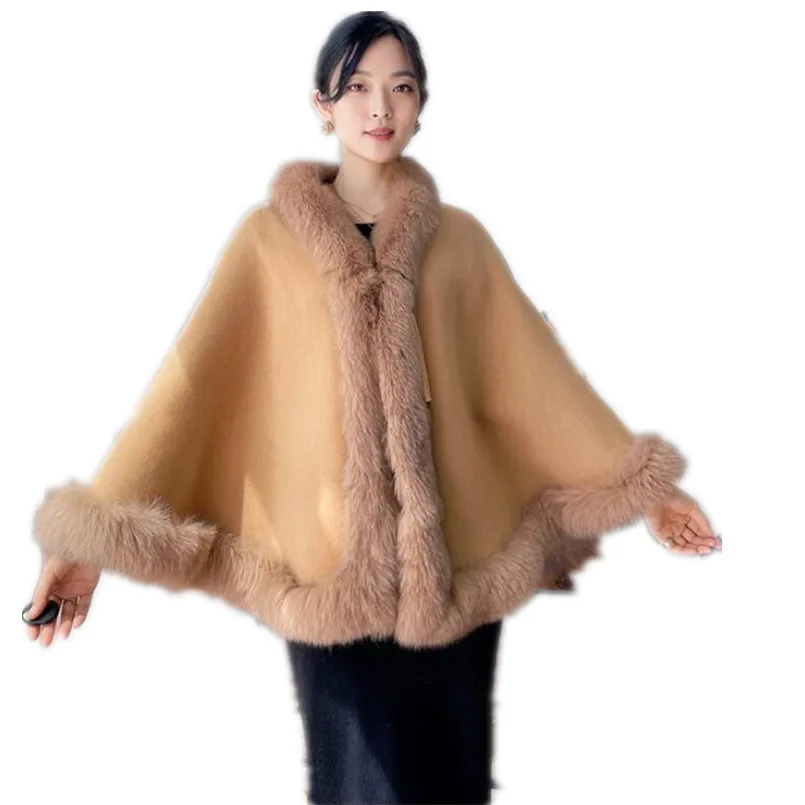 

New Real Wool Shawl With Genuine Fox Fur Wraps Women Stole Shrug Bridal Winter White Wedding With Tassel