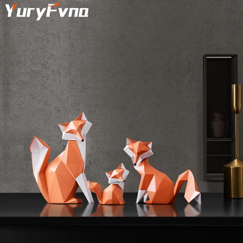 YuryFvna Orange Fox Statue Abstract Geometric Collectible Figurine Animal Home Office Decoration Gift Crafts