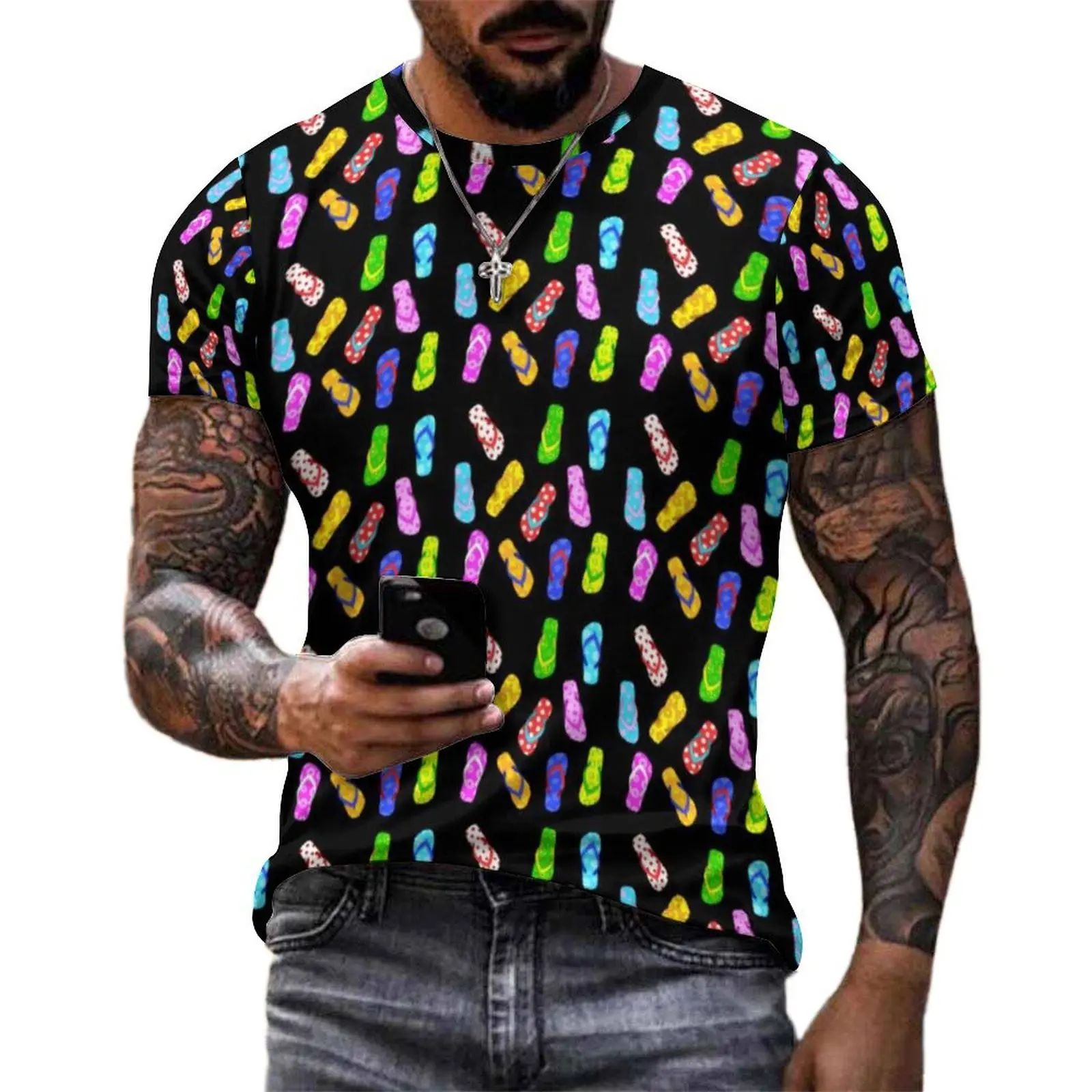 Summer Vacation T-Shirt Man Flip Flop Pattern Black O Neck T-Shirts Summer Fashion Clothes Short Sleeve Awesome Oversize Tees