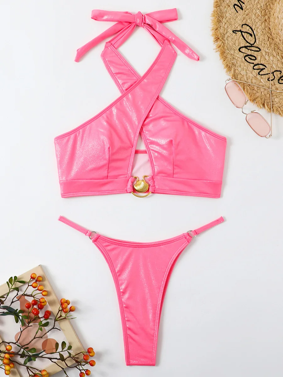 Maillot de bain deux pièces pour femmes, sexy, brillant, échancré, amissié, bikini, en métal, baigneur