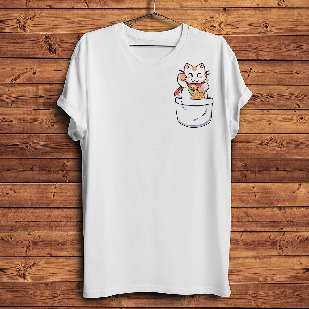 cute Lucky Cat Maneki Neko in pocket funny t shirt men summer new white casual tshirt unisex short sleeve streetwear tee