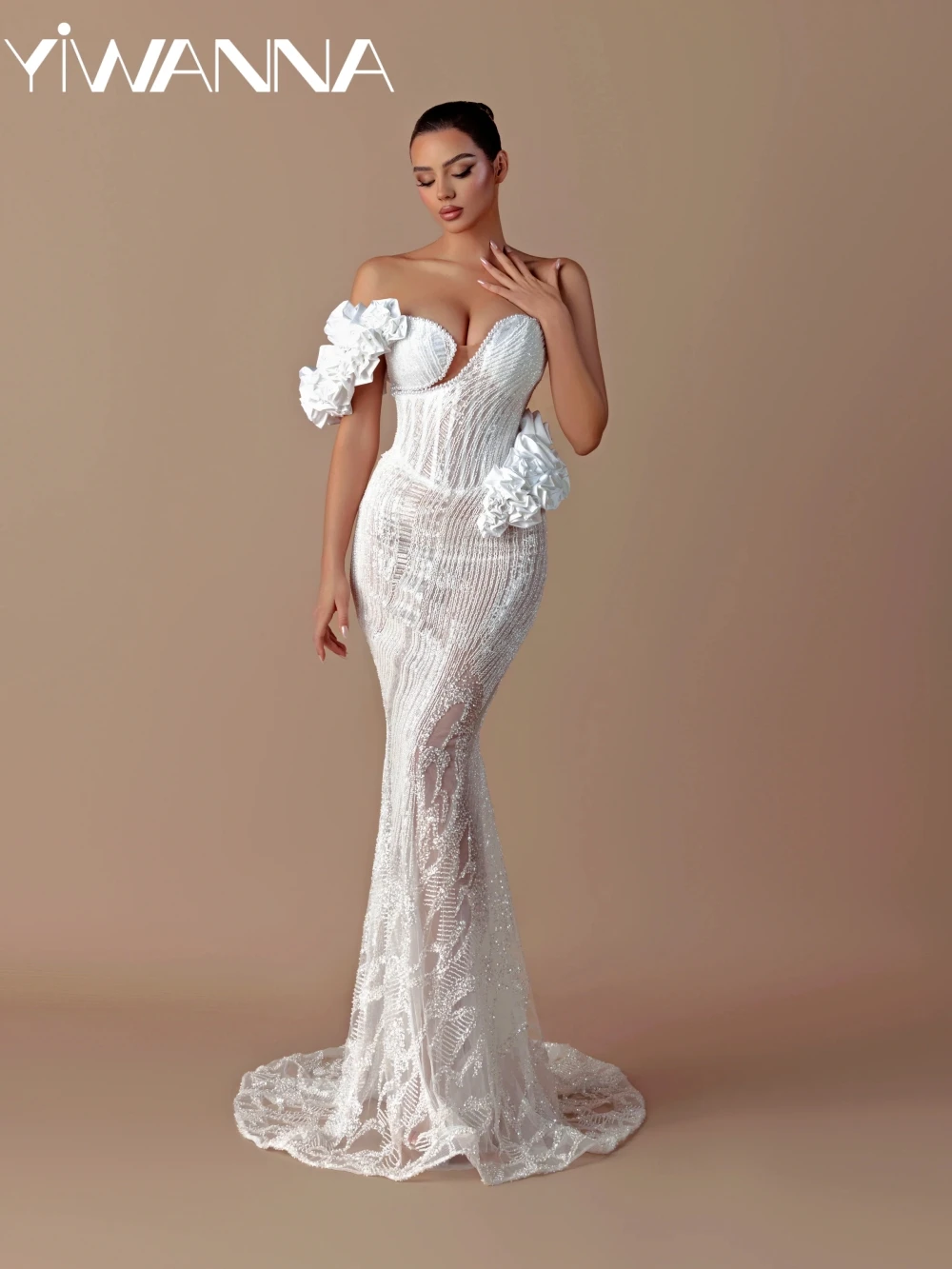 

Luxurious Beaded Pearls Mermaid Long Wedding Dress Ruffled One Shoulder Bridal Gown New Customized Dreamy Dresses For Bride