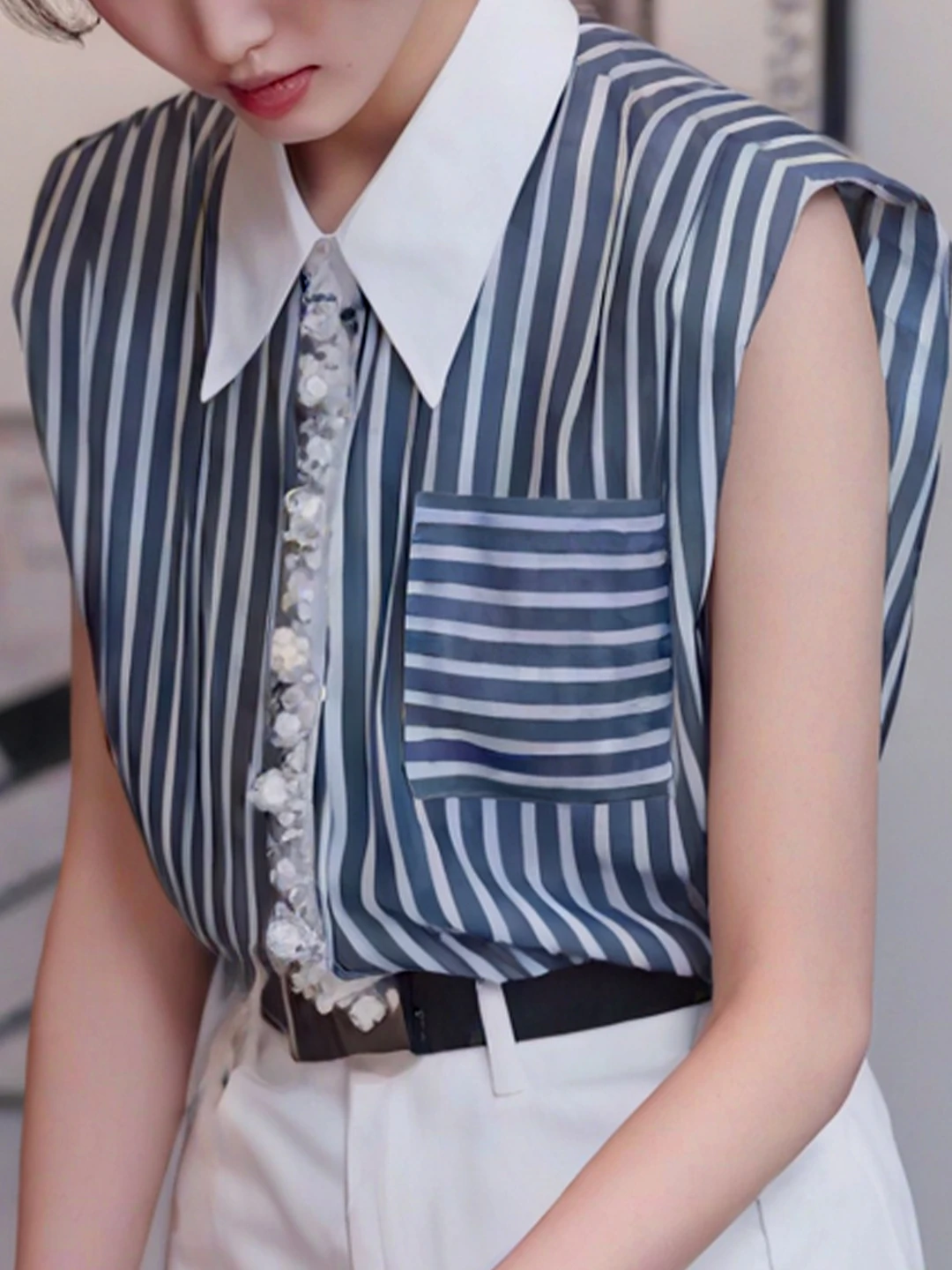 

Gtuq Korean Sle Faion Blue Striped Heavy Pearl Design Svel irt Top Women's Summer Casual Wear Thin Body Friendly