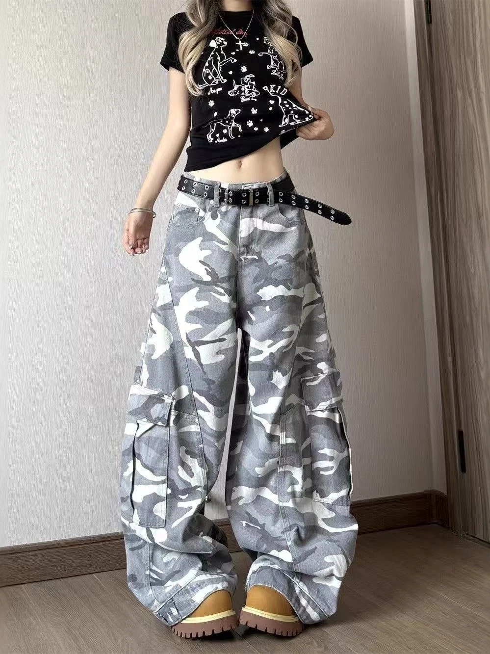 American High Street Washed Loose Straight Leg Jeans Women's Casual Wide Leg Pants Camouflage Print Casual Wear All Seasons