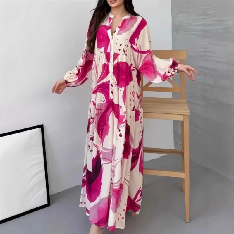 Moda Boho Stampa floreale Maxi abito manica lunga scollo a V vestibilità ampia elegante abito da festa casual caftano caftano arabo Jalabiya Ramadan